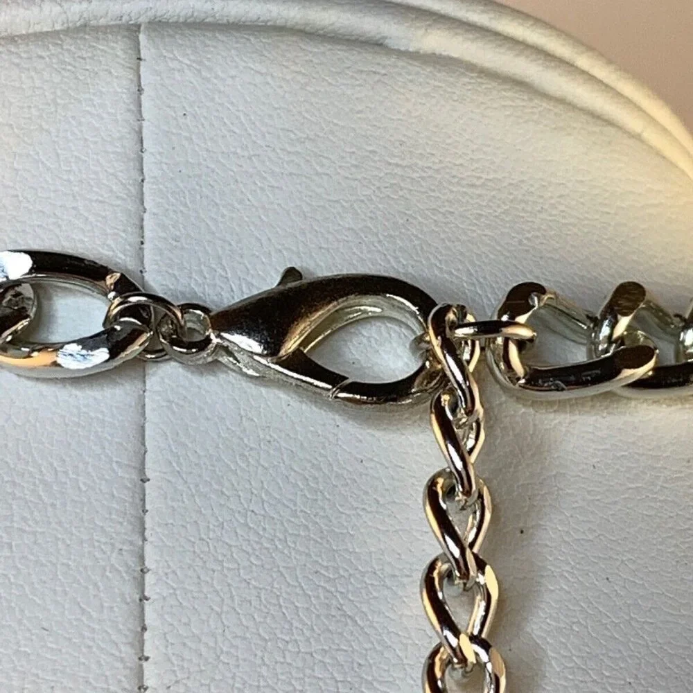 Silver Tone Curb Chain Bib Necklace With Tiger Striped & Crystal Beads (NA111) - Picture 4 of 4